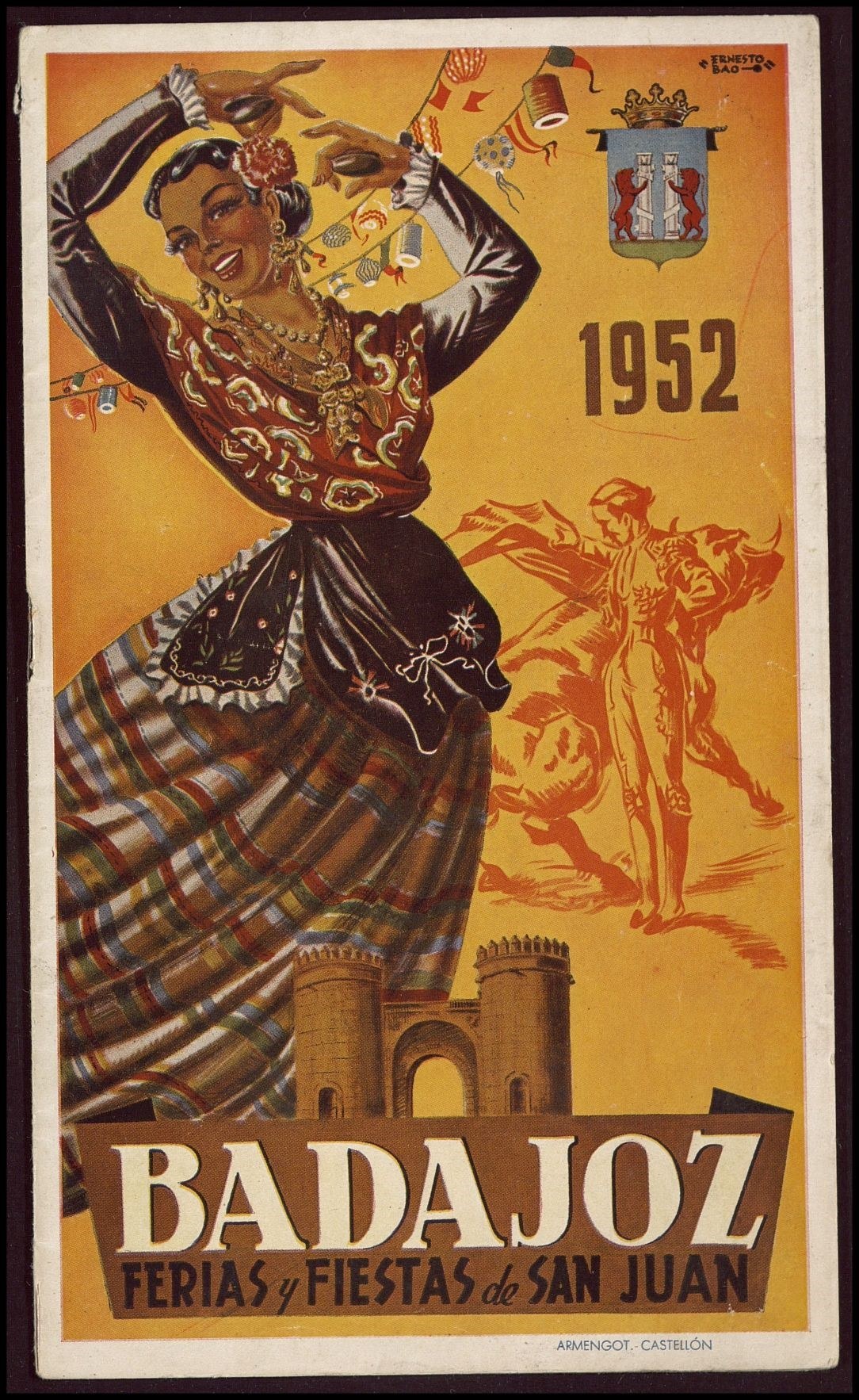 Plakat für das 1952er Badajoz-Fest von San Juan mit einer Frau in traditioneller mexikanischer Kleidung vor einem gelben Hintergrund mit farbigem Rand und fetter schwarzer Schrift.