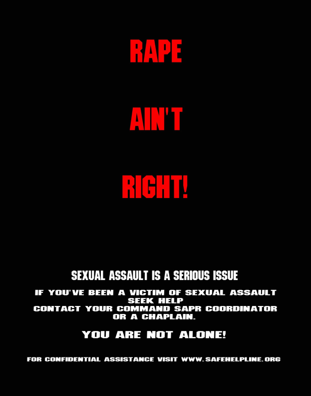 Plakat mit fettem schwarzem Text auf einem weißen Hintergrund, der "Rape Ain't Right: Sexual Assault is a Serious Issue" lautet und von einem schwarzen Rahmen umgeben ist.