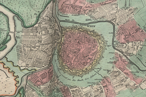 Ein altes Stadtplan von Wien, Deutschland, der Straßen, Gebäude und Sehenswürdigkeiten in detaillierter Weise zeigt.