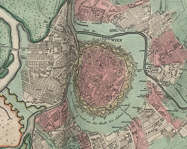 Ein altes Stadtplan von Wien, Deutschland, der Straßen, Gebäude und Sehenswürdigkeiten in detaillierter Weise zeigt.