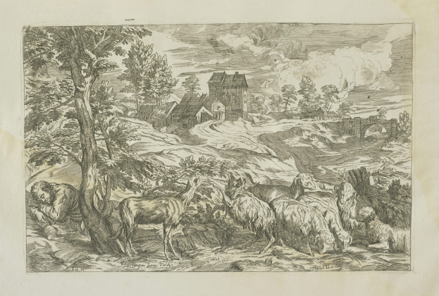 A wooded landscape with sheep grazing in the foreground, trees, houses, and a bridge in the background, and text at the bottom.