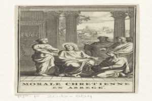 Black and white engraving titled "Morale Chretienne en Abrege" depicting a group of distressed people in a tense, somber room.
