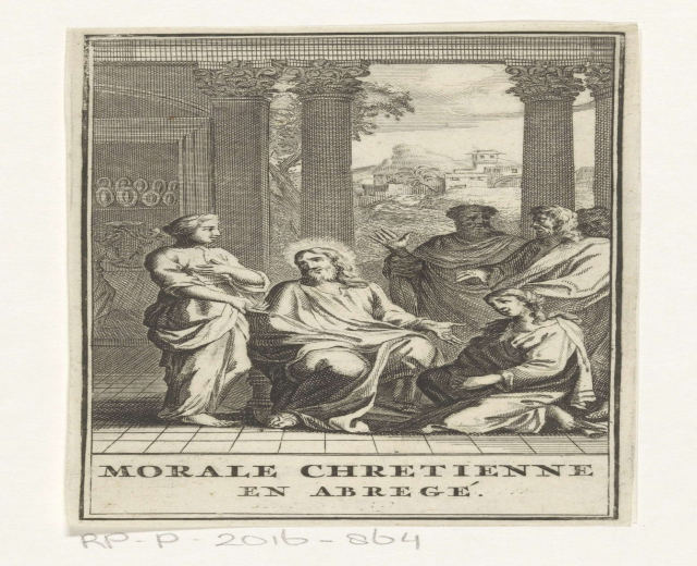 Black and white engraving titled "Morale Chretienne en Abrege" depicting a group of distressed people in a tense, somber room.