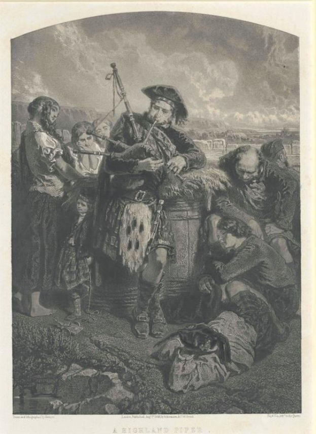Schwarz-weißes Gravurabbild eines Mannes, der eine Dudelsackpfeife vor einer Gruppe von Menschen unter einem bewölkten Himmel spielt, mit dem Text "Ein Highland Pipe" unten.
