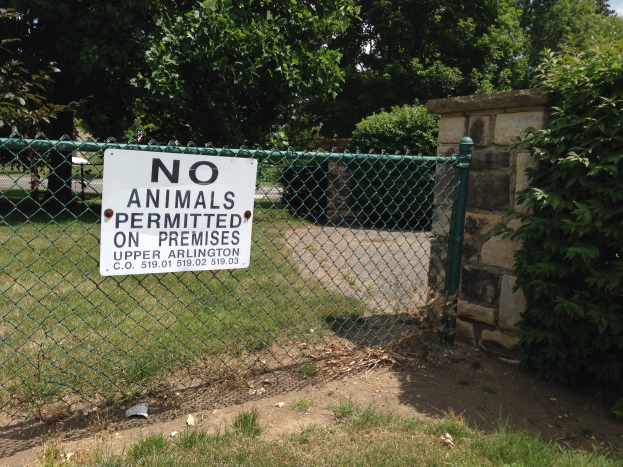 Ein Schild an einem Kettenzaun mit der Aufschrift "Keine Tiere erlaubt" umgeben von saftigem Gras, Pflanzen und Bäumen, mit einer Wand im Hintergrund und einem klaren blauen Himmel darüber.