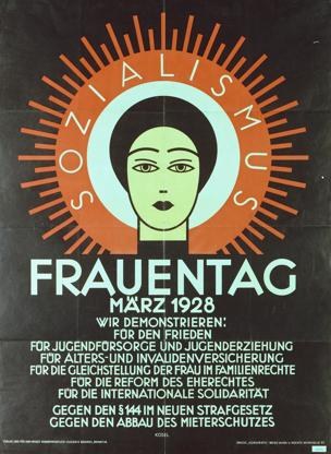 Poster for the International Solidarity Movement in 1928 with the word "Frauentag" in bold black text over a woman's face.