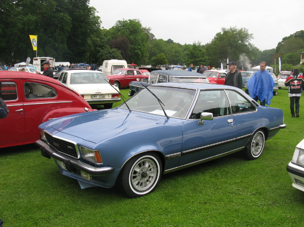 Eine Szene mit mehreren Fahrzeugen, Menschen und einer gelben Fahne vor einer grünen Wiese, Bäumen und einem rauchigen Himmel.