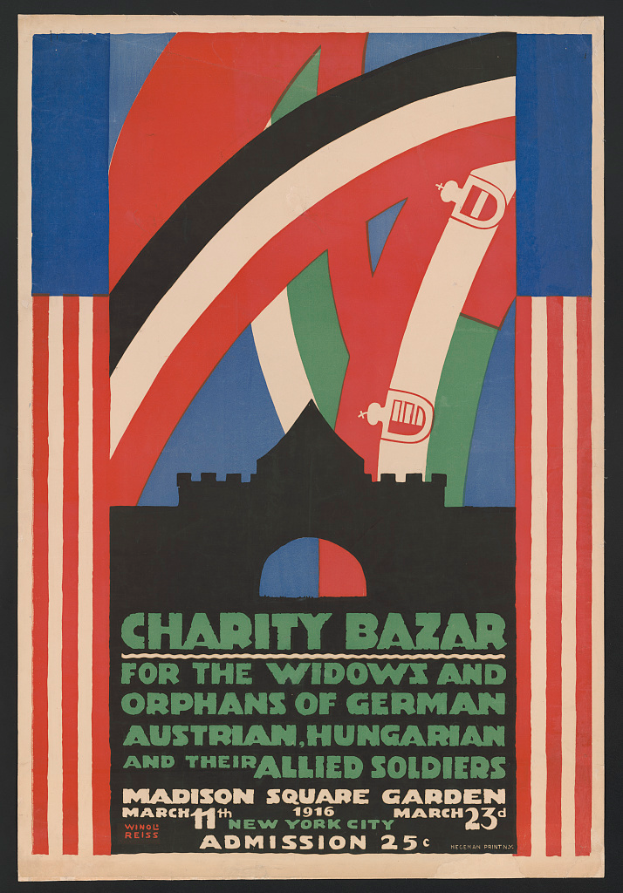 Ein Plakat für eine Wohltätigkeitsbasar, der die Witwen und Waisen deutscher, australischer, ungarischer und alliierter Soldaten unterstützt.
