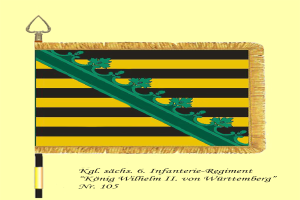 Ein Plakat mit einer gelb-schwarzen gestreiften Flagge mit einer grün-gelben Streife und der Aufschrift "König Wilhelm II von Württemberg" darunter.