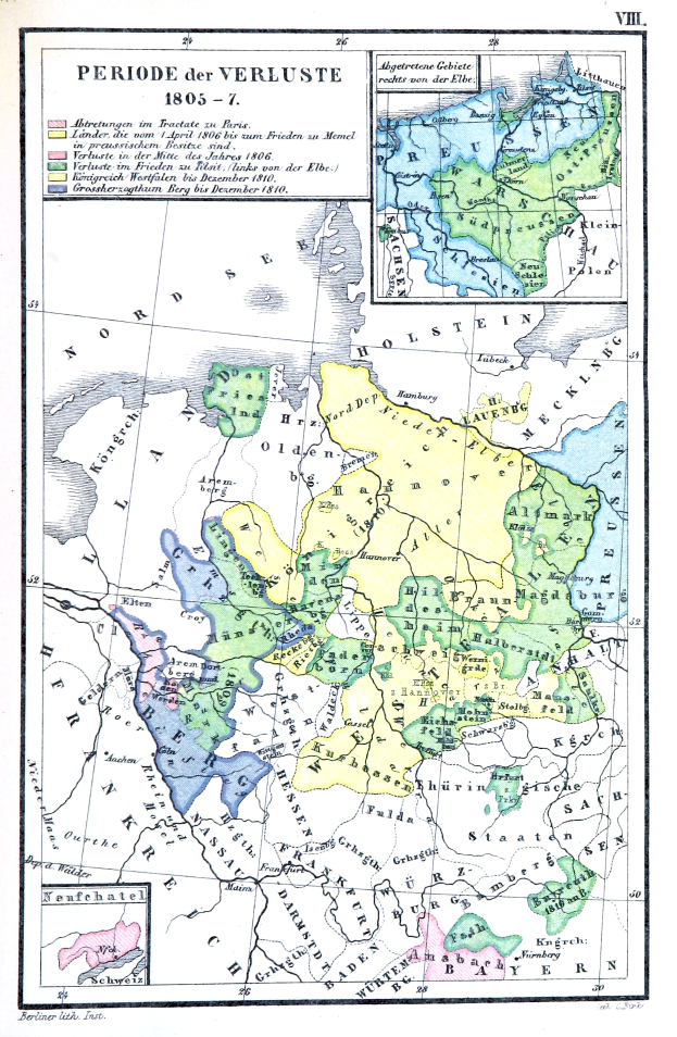 Eine historische Karte Deutschlands während der Verluste-Periode, farblich nach Regionen unterteilt, mit Text zu Städten, Dörfern und geografischen Merkmalen.
