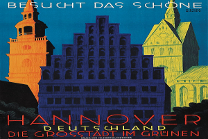 Plakat zur Bewerbung von Hannover, Deutschland, mit einigen Gebäuden, Bäumen und Textinformationen