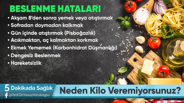 A poster titled "beslenme hatalari - neden kilo veremiyorsunuz?" displaying various food items including tomatoes, onions, garlic, leaves, a wooden board, a bottle, and a cloth.