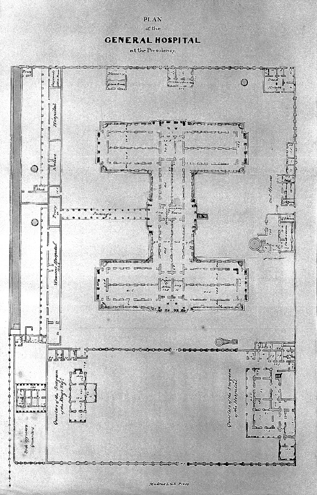 Eine Schwarz-Weiß-Zeichnung des Allgemeinen Krankenhauses an der Präsidialkanzlei in Madrid, Spanien, mit Text zur Beschreibung des Layouts von Zimmern, Fluren und weiteren Merkmalen.