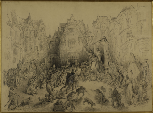 Ein gerahmtes Bild einer belebten Stadtstraße mit vielen Menschen, die stehen und sitzen, mit Gebäuden im Hintergrund.