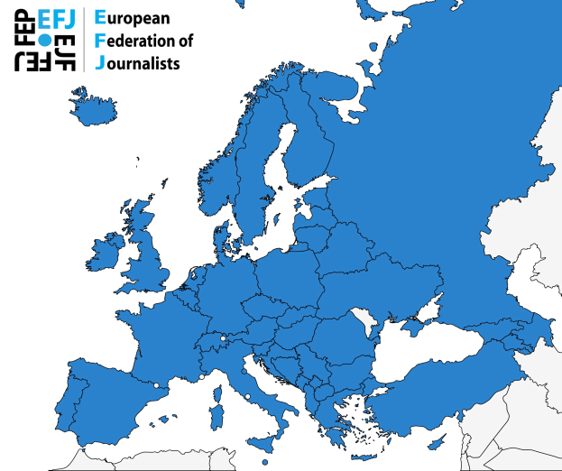 A map of Europe highlighting the European Federation of Journalists (EFJ) in blue with additional text providing details about the organization.