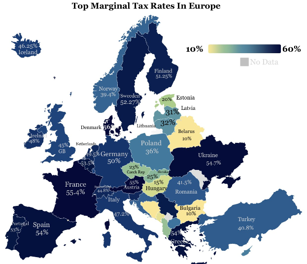 A map of Europe displaying top marginal tax rates by country, with a title reading "Top Marginal Tax Rates in Europe."