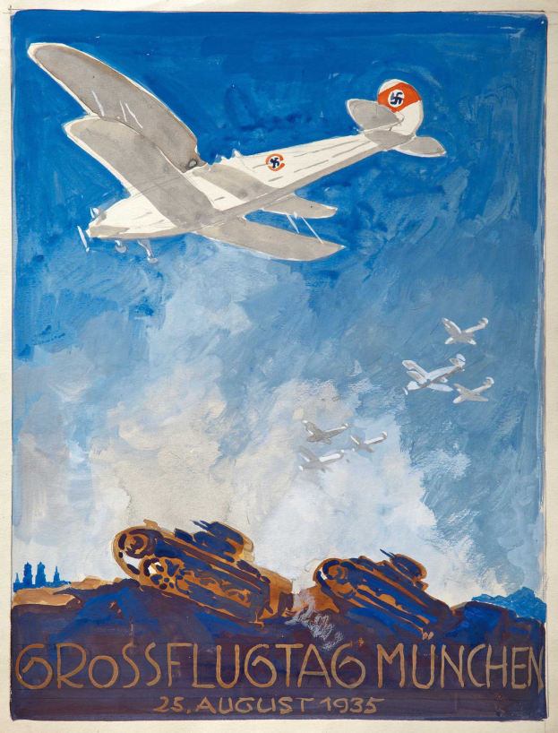 Plakat für die Münchner Luftfahrtausstellung am 25. August 1935, das ein fliegendes Flugzeug mit zusätzlichen Flugzeugen im Hintergrund zeigt.