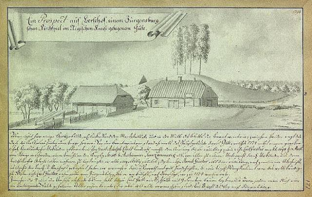 Altes Dokument mit dem Titel "Surgensburg, Deutschland - Landschaft eines Bauernhofs" mit einer Zeichnung eines Bauernhofs umgeben von Häusern, Bäumen und einem Himmel.