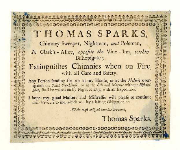 Eine Zeitung mit Textwerbung für die Schornsteinfegerdienste von Thomas Sparks, einschließlich Löschen von brennenden Schornsteinen, mit seinen Kontaktdaten.