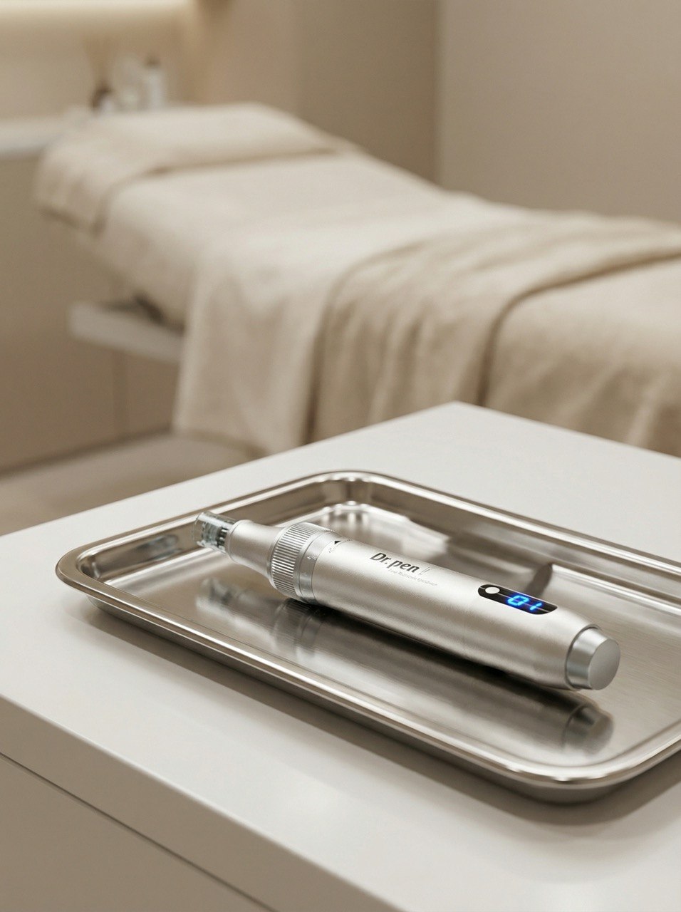 Ein modernes Microneedling-Gerät auf einem sterilen Tablett in einem professionell eingerichteten Kosmetikstudio.