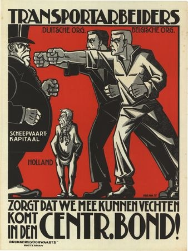 A poster with text in Dutch reading "Transportarbeiders - Zorgt dat we mee kunnen vechten in den Centr Bond" displayed in front of a group of distressed people, some looking up at the sky and others down.