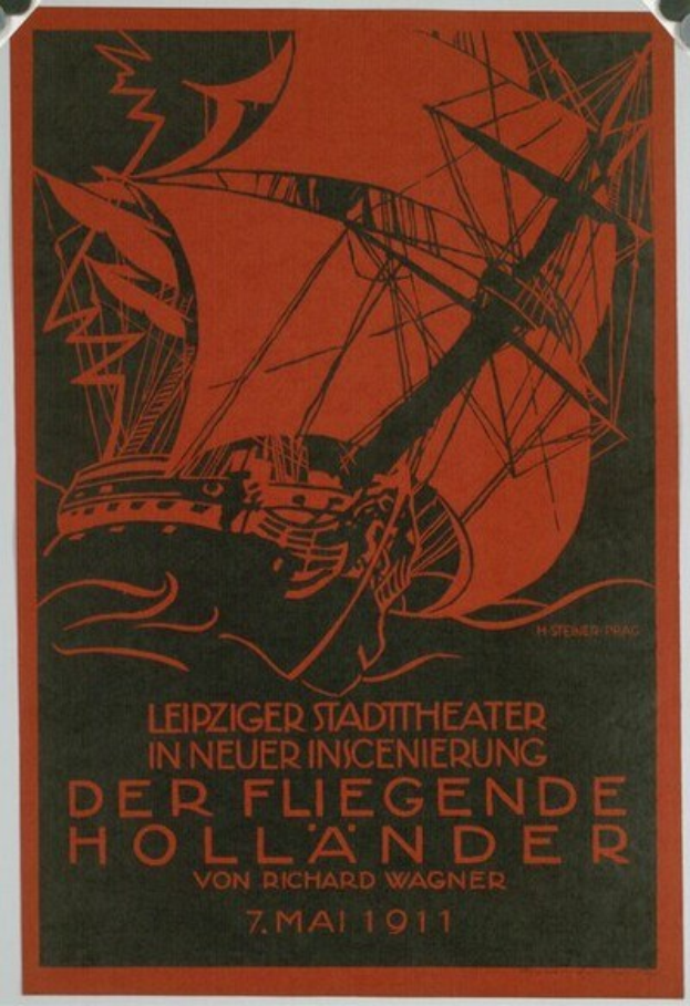 Poster for a 1911 Leipzig Stadt Theater concert in New Orleans, featuring an illustration of a ship and event details.