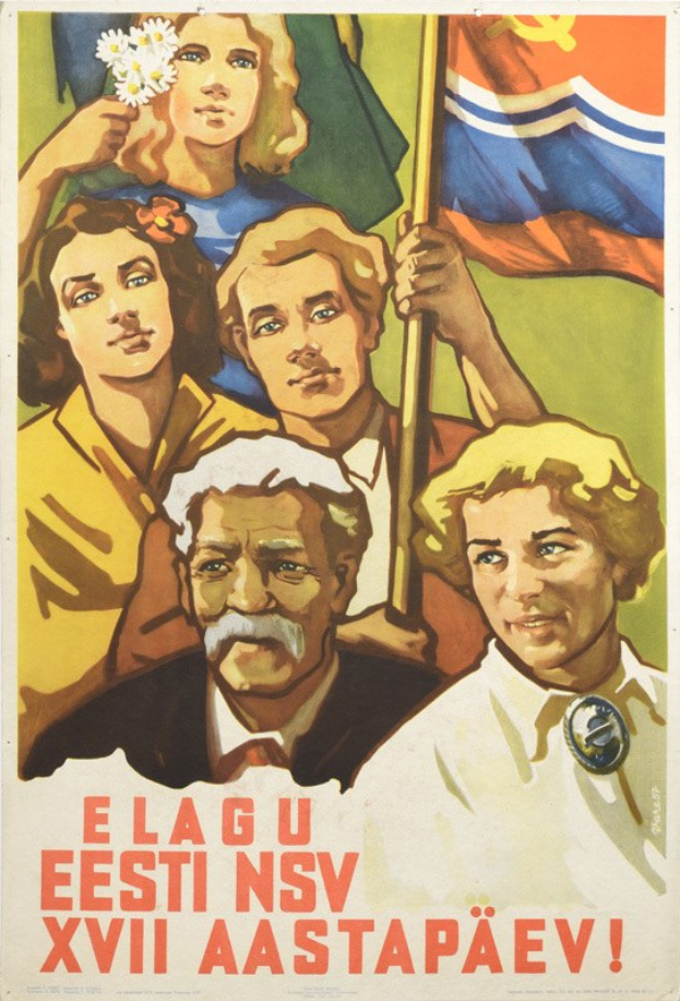 Soviet propaganda poster featuring a group of people holding a flag with text.