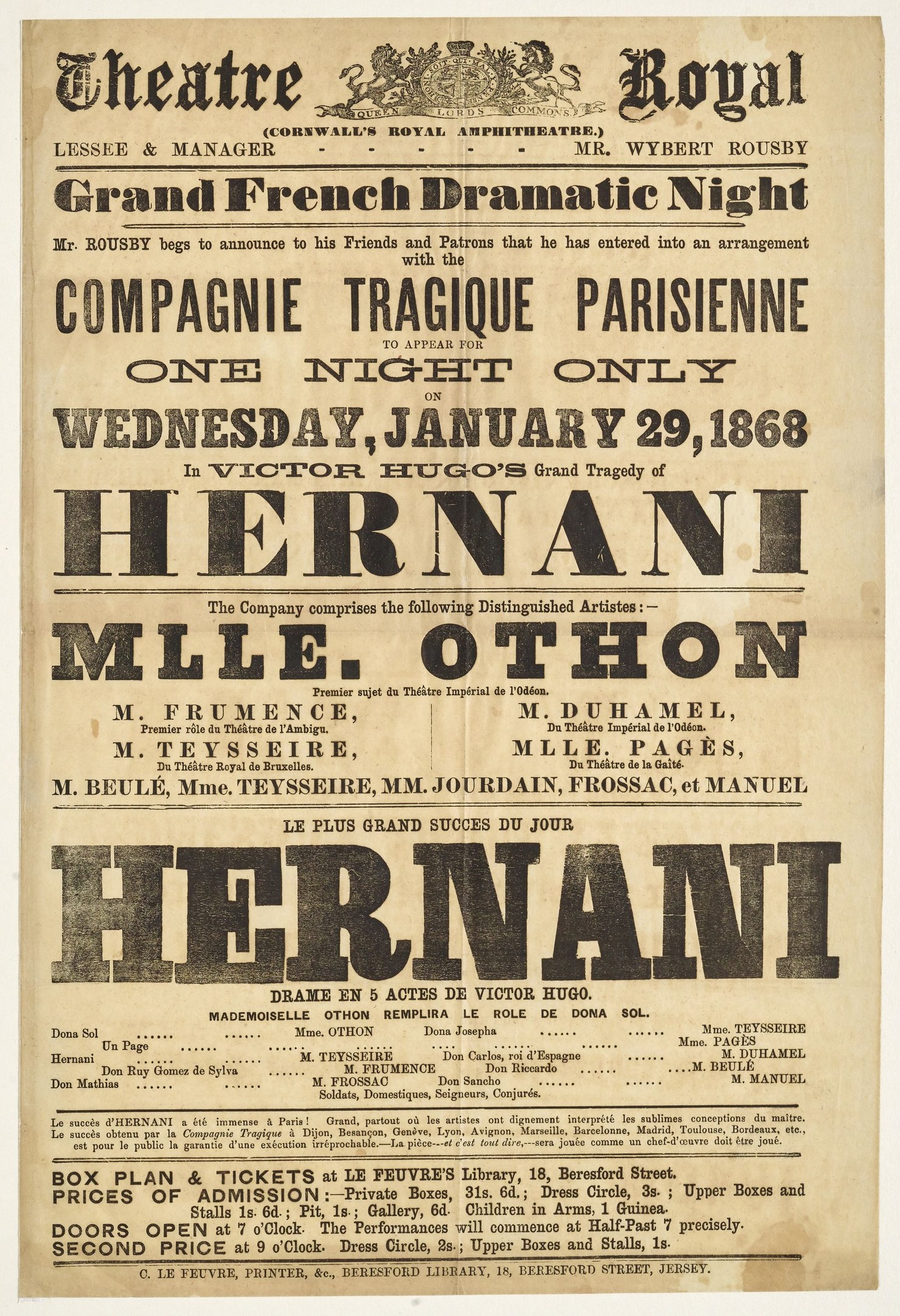 Black and white newspaper advertisement for the Grand French Dramatic Night at the Theatre Royal in Paris, France.