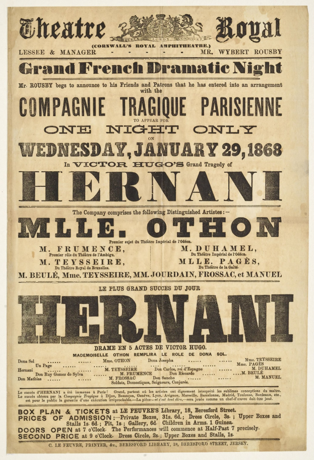 Black and white newspaper advertisement for the Grand French Dramatic Night at the Theatre Royal in Paris, France.