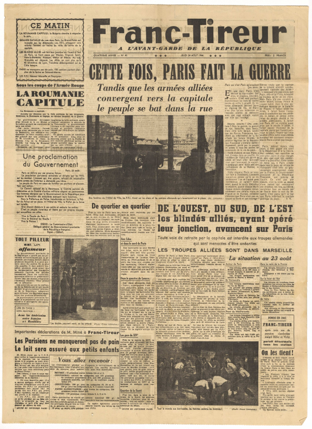 Titelseite der französischen Zeitung *Franc-Tireur* mit der Schlagzeile "Cette Fois, Paris Fait La Guerre" und Fotos eines Mannes im Anzug, einer Frau im Kleid, eines Mannes mit Hut und einer Frau mit Gehstock.