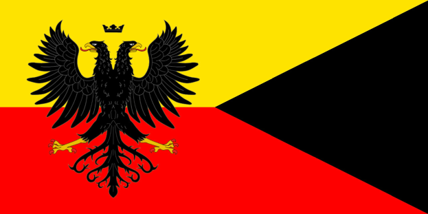 Horizontaler Dreifarbenflagge Deutschlands mit roten, gelben und weißen Streifen, die einen schwarzen Doppeladler mit ausgebreiteten Flügeln in der Mitte zeigt.