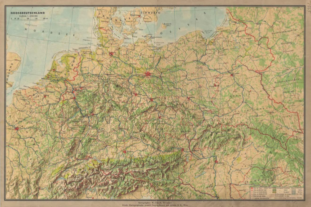 Detailierte alte Deutschland-Karte, die Straßen, Autobahnen und geographische Merkmale mit Text oben und unten zeigt.