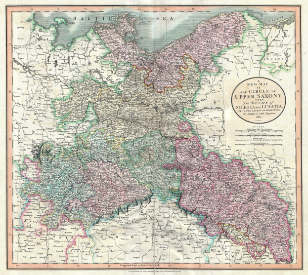 Ein altes Kartenbild des Ober-Sachsen-Gebiets in Deutschland, detailliert mit Provinzen, Städten und geografischen Merkmalen, in Blauschattierungen, Grün, Gelb, Rot und Orange koloriert, mit klassischer Schriftart und einem schmalen schwarzen Rand.