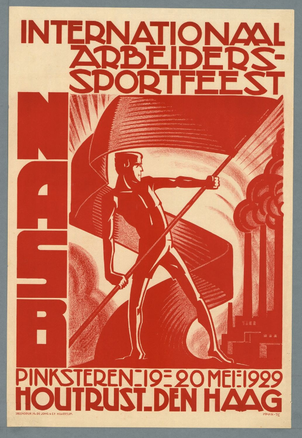 Poster for the 1929 International Arbeiders-Sportfeest in Hamburg, Germany, depicting a person holding a flag with "Houtrust den Haag" written on it.