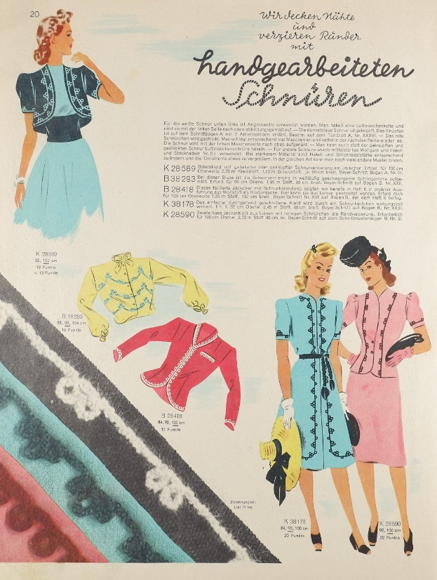 Anzeige für ein Modejournal aus den 1950er Jahren mit einer Frau in einem Kleid und Hut, mit zusätzlichen Bildern und Texten über die Mode der 1950er Jahre.