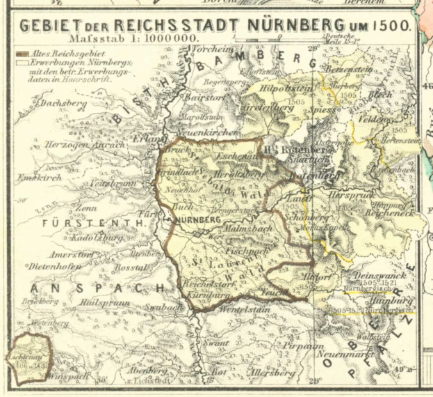 Ein altes Deutschland-Karte mit Nürnberg Provinz hervorgehoben, gefüllt mit Text und Zahlen, die die Region detaillieren.