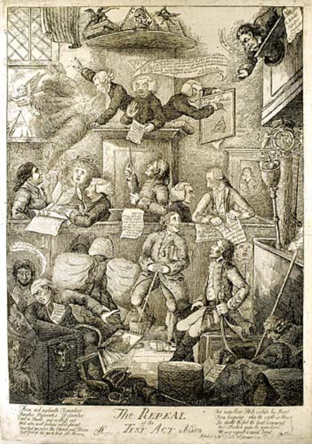 Ein Gravur von einer Gruppe von Menschen, die um einen Tisch in einem Raum sitzen, wobei einige Papiere mit der Aufschrift "Die Aufhebung des Test Act" am Boden halten.