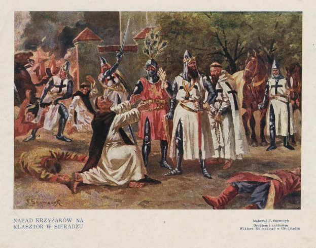Painting depicting medieval men in armor, some holding swords, standing before a wall with trees in the background, with the caption "Napad Krzyzakow na Klasztor w sieradzu" at the bottom.