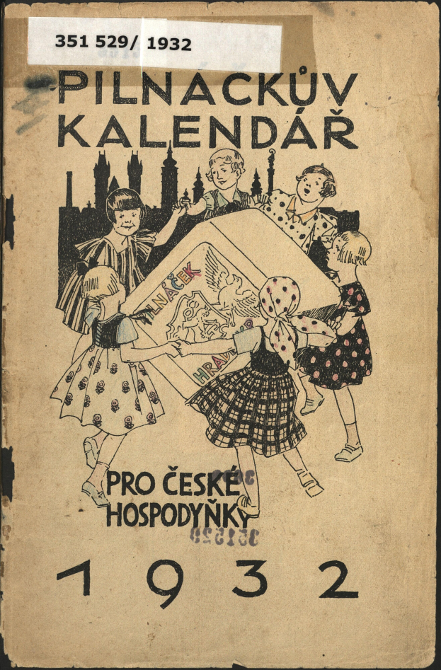 Ein altes Buch mit einem Cover, das eine Gruppe von Kindern, Text und Zahlen zeigt und wie ein Kalender aussieht.