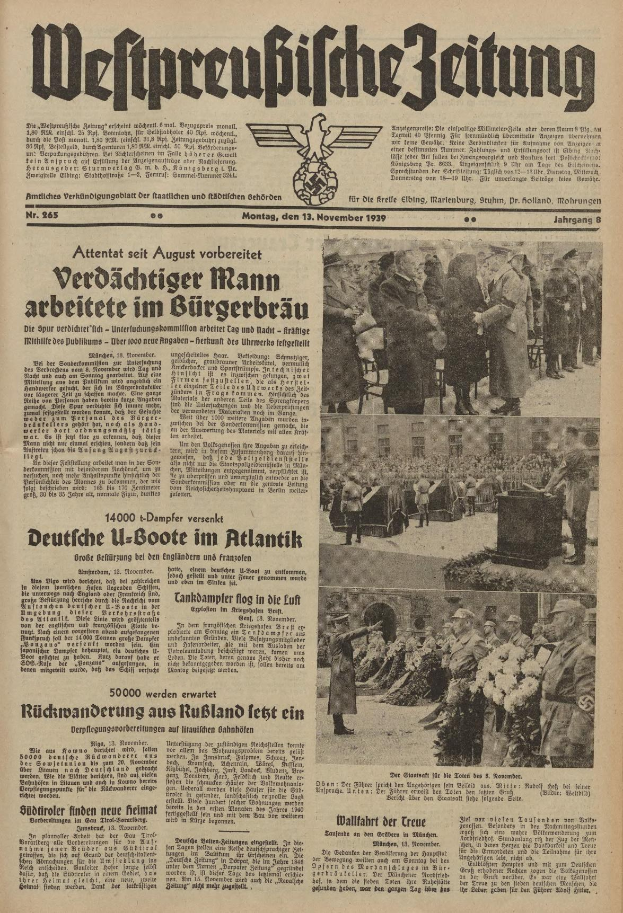 Schwarze-weiße Titelseite einer deutschen Zeitung vom 13. November 1939 mit der Schlagzeile "Weitpreubliche Zeitung" und einem Foto von Menschen in traditioneller deutscher Tracht beim Feiern.