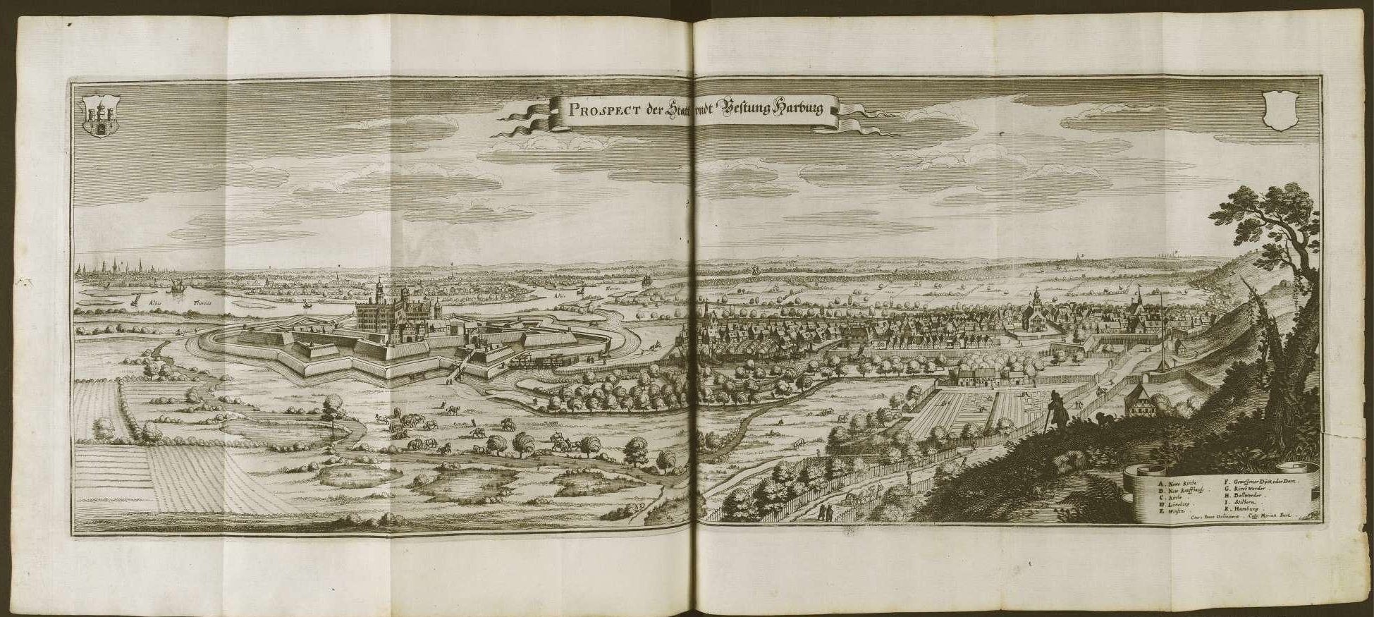 Open book with a detailed map of Berlin, Germany, featuring a city surrounded by trees and buildings under a cloudy sky.