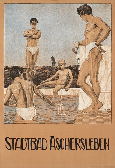 Poster advertising a swimming pool in Aschersleben, Germany, showing people in the water with text providing pool information.