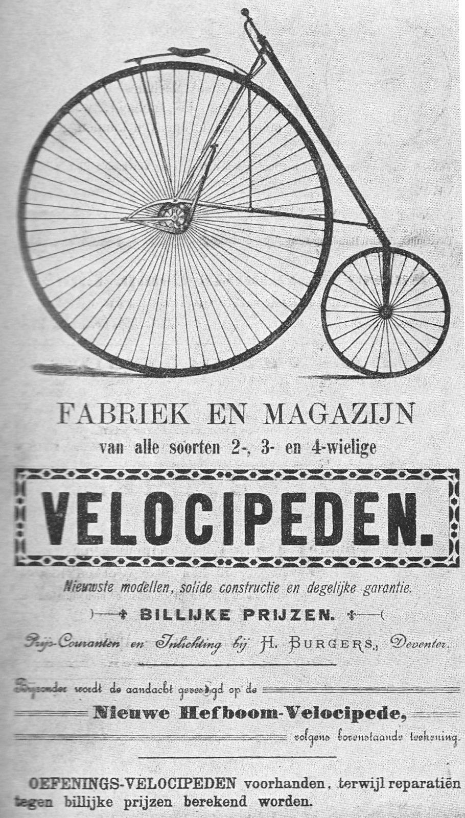 Poster advertisement for an early velocipede, featuring a large central wheel and descriptive text about the bicycle's features.