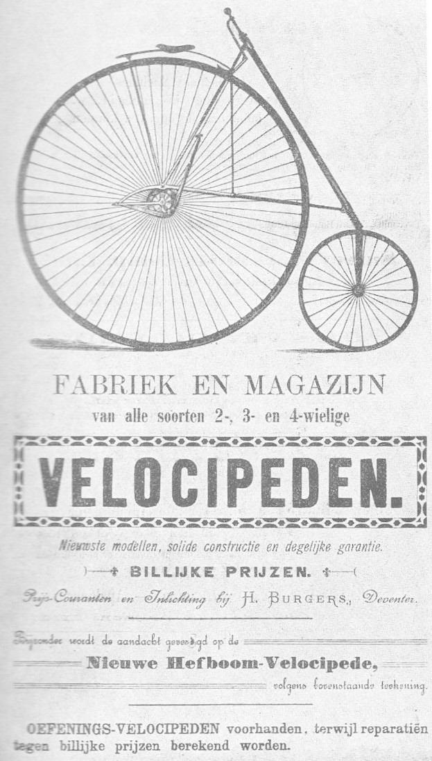 Poster advertisement for an early velocipede, featuring a large central wheel and descriptive text about the bicycle's features.