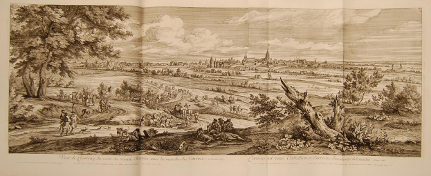 Offenes Buch mit dem Titel 'Ansicht der Schlacht von Castellum und Castellium aus der Illustrated London News' mit einer historischen Kampfszene mit Menschen, Bäumen, Gebäuden und Wolken.