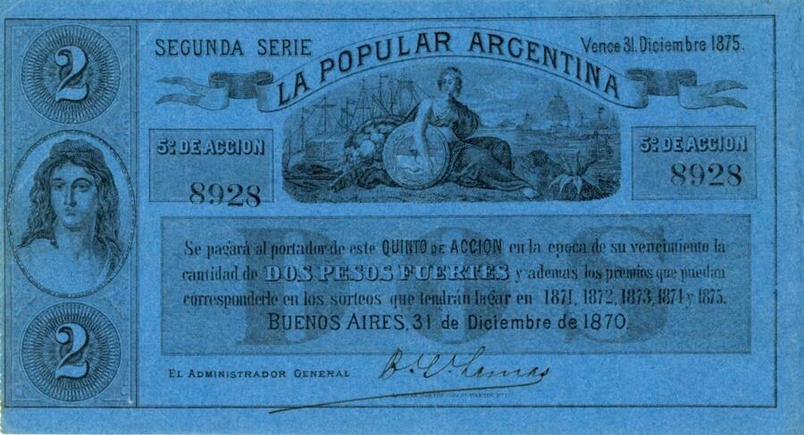Argentinian 2 Pesos banknote from 1873–1875 with a blue background, featuring a portrait of a woman and printed text.