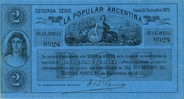 Argentinian 2 Pesos banknote from 1873–1875 with a blue background, featuring a portrait of a woman and printed text.
