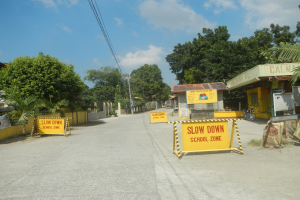 Eine Straße mit einem gelben "Slow Down School Zone"-Schild, parkende Fahrzeuge auf der rechten Seite und ein Hintergrund mit Bäumen, Gebäuden, Pfählen, Drähten und dem Himmel.