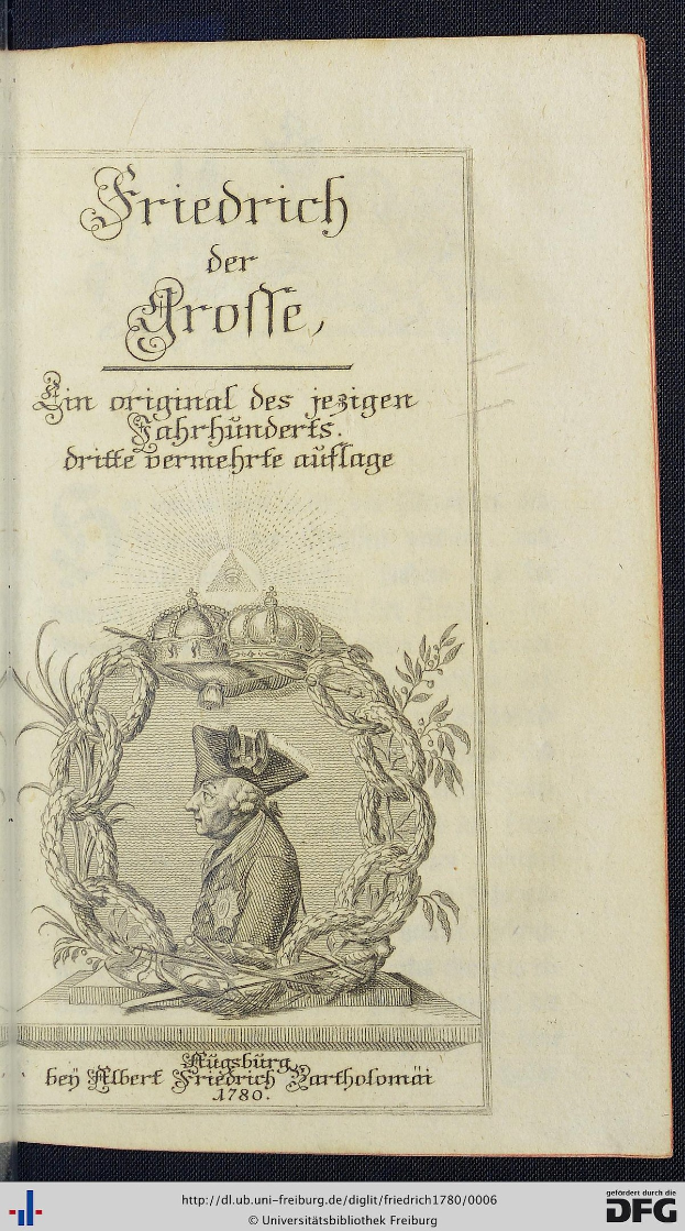 Open book titled "Friedrich der Große" dated 1780, featuring a drawing of a crowned man with a serious expression on the cover, text in cursive within a decorative border.
