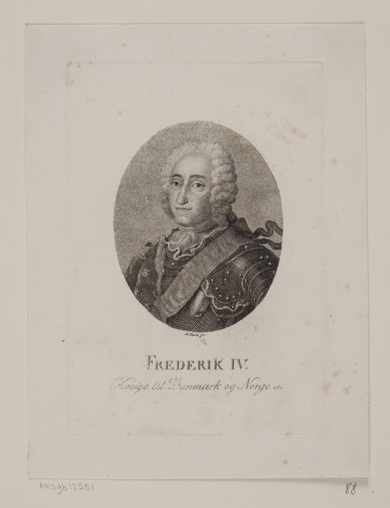 Schwarz-weißes Porträt von Friedrich IV., König von Norwegen, mit Text auf dem Papier.